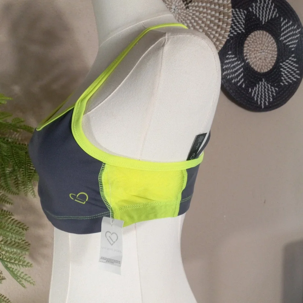 Live Love Dream Womens Sports‎ Bra Gray Neon Yellow Strappy Racerback Mesh Large